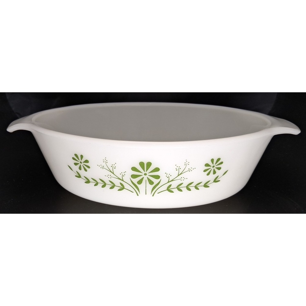 VTG Glasbake 433 Green Daisy Milk Glass Oval Baking Dish Casserole Dish